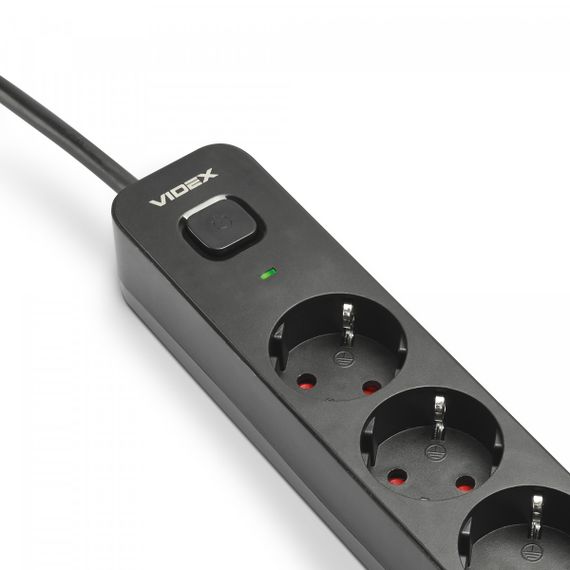 Мережевий подовжувач VIDEX ONCORD 5 розеток 3м, 4000 Вт, з кнопкою, заземленням, чорний (VF-PD53G-B) | Зображення 1