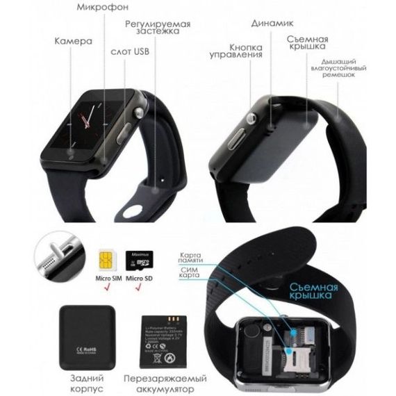 Смарт-годинник Smart Watch A1 розумний електронний зі слотом під sim-карту + карту пам'яті micro-sd. AX-382 Колір: чорний | Зображення 2