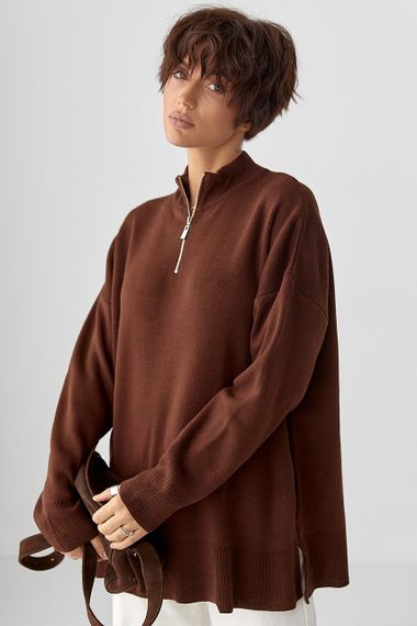 Светр оверсайз з блискавкою на горловині - коричневий цвет, ONE SIZE (є розміри) | Зображення 4