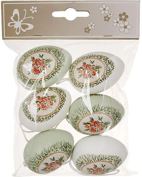 Великодній декоративний набір "Яйця" 6 підвісок, 4х6см пластик, білий із зеленим