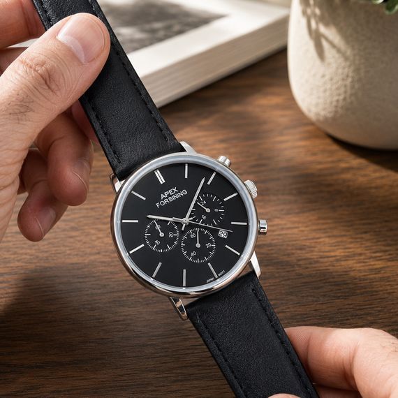 Чоловічий годинник Forsining 8312 Black-Silver з хронографом та шкіряним ремінцем | Зображення 4