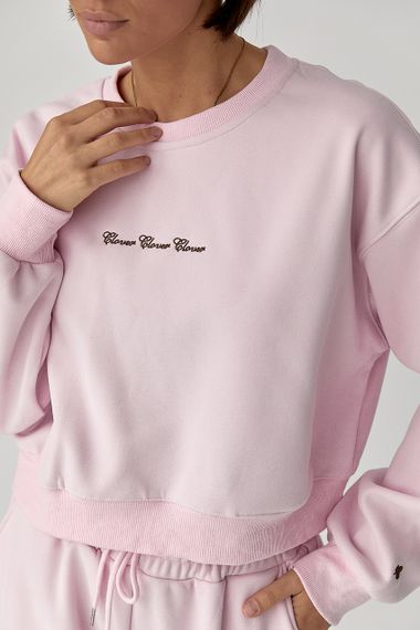 Спортивний костюм із плюшевим начісом з коротким світшотом та штанами палаццо - пудра цвет, M/L (є розміри) | Зображення 3