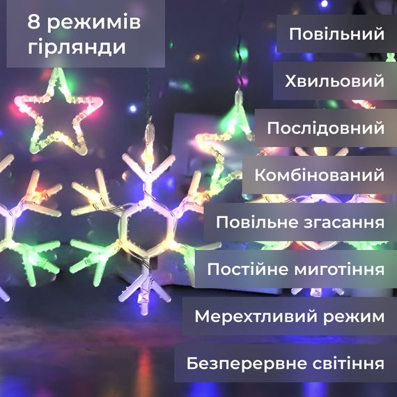 Гирлянда штора 3х0,9 м снежинка звезда на 145 LED лампочек светодиодная 10 шт 1733065ML | Зображення 4