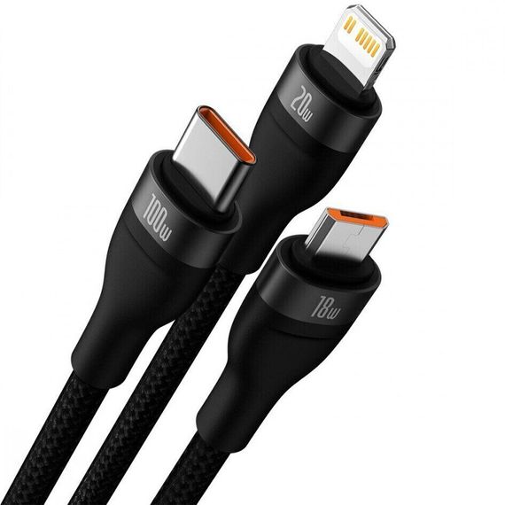 Дата кабель Baseus Flash Series 2 USB to MicroUSB-Lightning-Type-C 66W (1.2m) (CASS04000) Black | Зображення 1