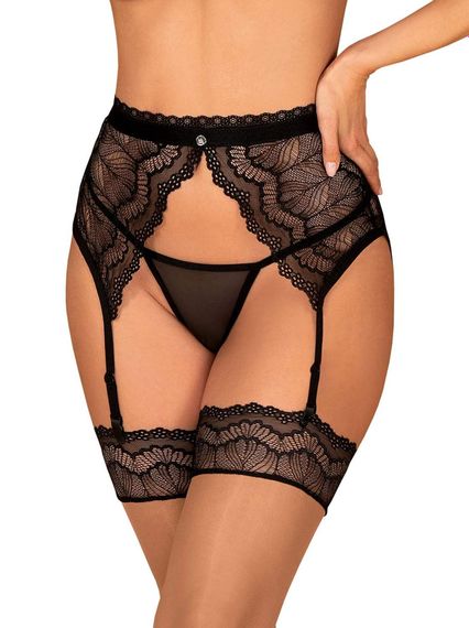 Пояс для панчіх мереживний Obsessive Isabellia, з бантиком, чорний, L/XL | Зображення 2