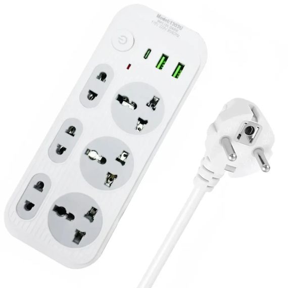 Мережевий фільтр подовжувач 2м, 2500Вт, 6×220В, 2хUSB, 1хType-C, WL-1, Білий / Мережевий подовжувач з вимикачем | Зображення 1