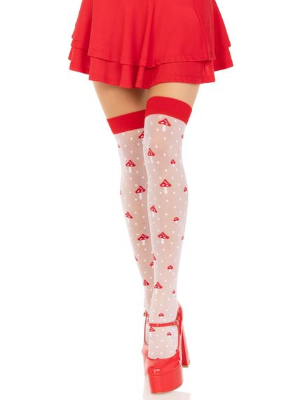 Панчохи Leg Avenue Polka Dot Mushroom Thigh Highs, One Size, біло-червоні, на резинці, малюнок — гриби | Зображення 2