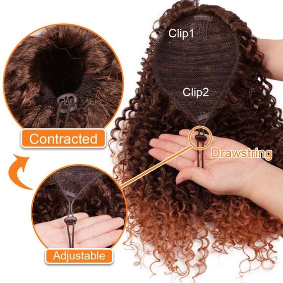 Хвост накладной кудрявый афро 40 см каштановый с медно-рыжим омбре, шиньона со шнурком, искусственные волосы | Зображення 4