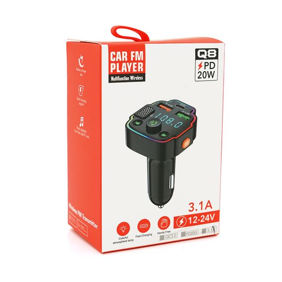 FM-модулятор Q8 з еквалайзером, 3.1A, USB, TF, 55.5х41.5х37.5 | Зображення 1
