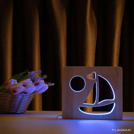 Светильник ночник ArtEco Light из дерева LED "Кораблик" с пультом и регулировкой цвета... | Зображення 1