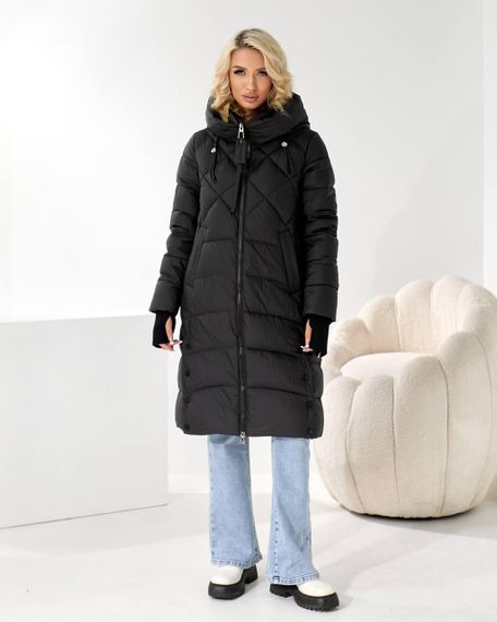 Пуховик жіночий чорний зимовий довгий стьобаний люкс якість