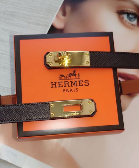 Трендовий шкіряний вузький ремінь Hermes Kelly brown/gold | Зображення 4