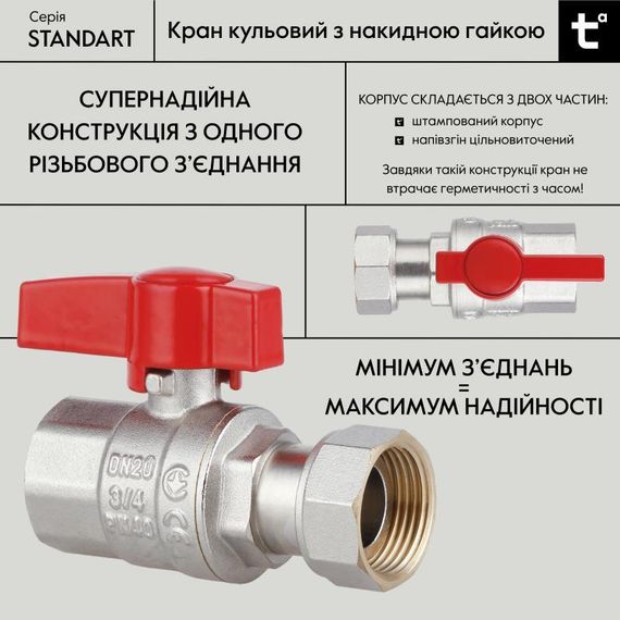 Кран кульовий Thermo Alliance Standart 3/4" ВВ прямий, PN40, з накидною гайкою TAS260W20 | Зображення 2