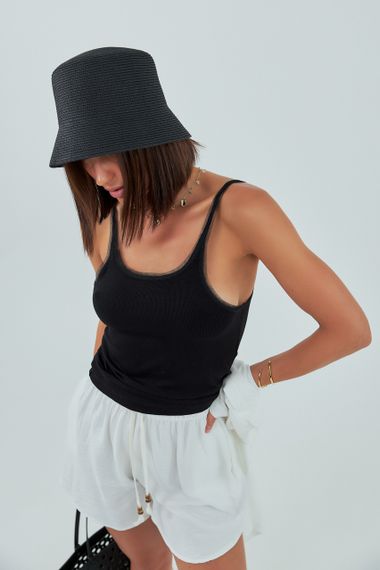 Майка в рубчик із сіточкою на бретелях - чорний цвет, S (є розміри)