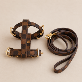 Брендовая шлея и поводок для собак LOUIS VUITTON расцветка в квадраты,  коричневая