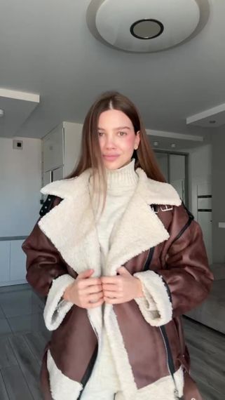Дубленка OVERSIZE из эко-кожи женская с белым мехом, цвет коричневый S-M | Зображення 2