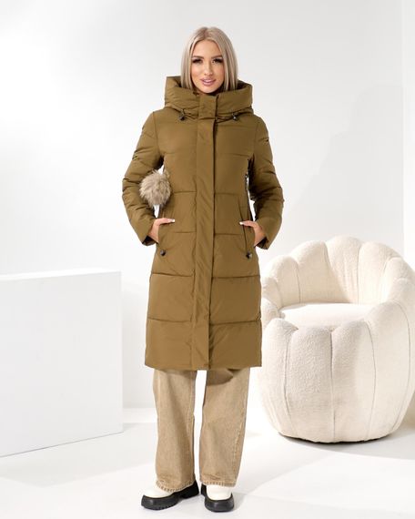 Оливкове пальто люкс якості з брелком помпоном