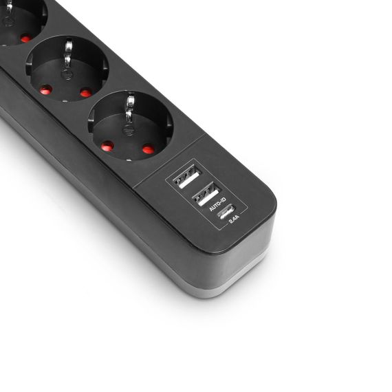 Мережевий подовжувач VIDEX ONCORD з/з 3п 3м (3x1.5мм) 2.4А 2USB+USB-C з кнопкою Black | Зображення 3