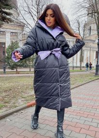 Женская двухсторонняя куртка-пальто длинное на кнопках LY30368 цвет лилово-черный, размер 42/48