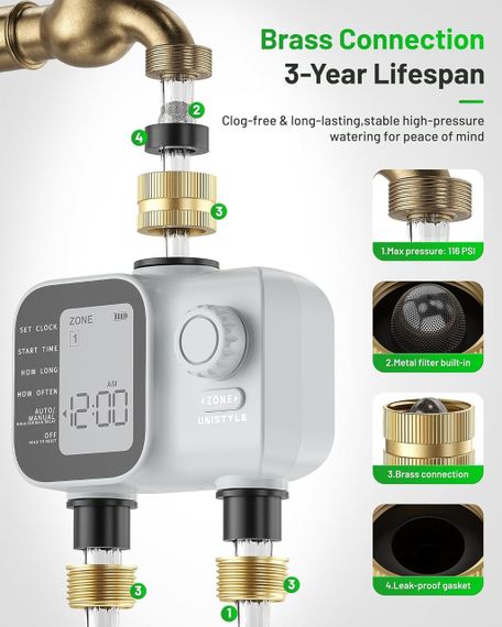 Программируемый таймер для двухзонного полива Unistyle с латунными входами и выходами, IP55 | Зображення 2