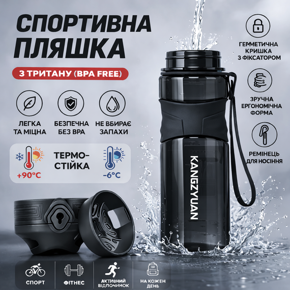 Спортивная бутылка для воды KANGZYUAN 450 мл черная, тритановая (BPA Free) | Зображення 2