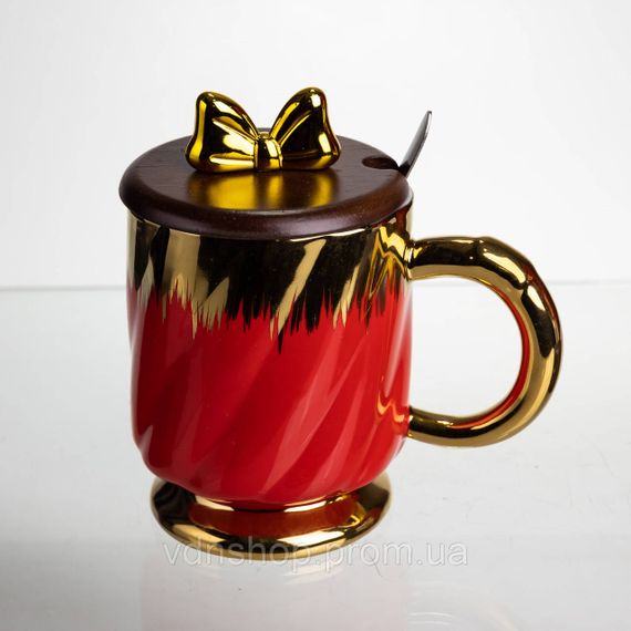 Новогодняя фарфоровая чашка "Золотой Вихрь" 450 мл с крышкой и ложкой Yiwu FM-23C | Зображення 1