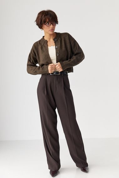 Теплий в'язаний короткий кардиган - темно-коричневий цвет, ONE SIZE (є розміри) | Зображення 2