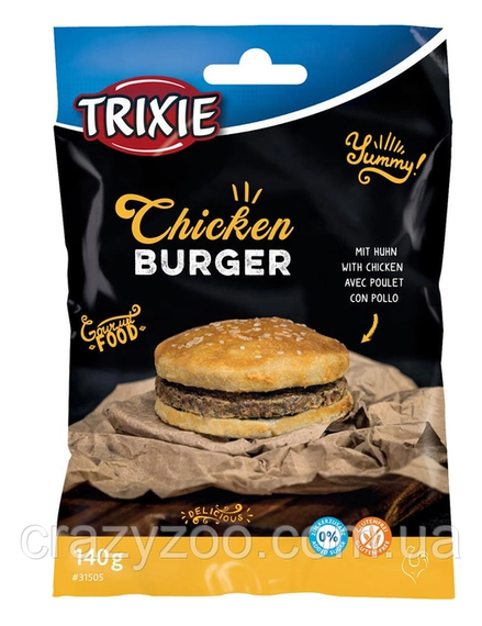 Ласощі для собак Trixie Chicken Burger Бургер з куркою і сиром'ятною шкірою 9 см 140 г (4053032439382) | Зображення 1