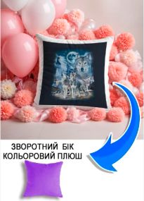 Подушка плюшева Мерч Крафт Дизайн з принтом вовки 3 бузковий плюш квадратна 33х33 см