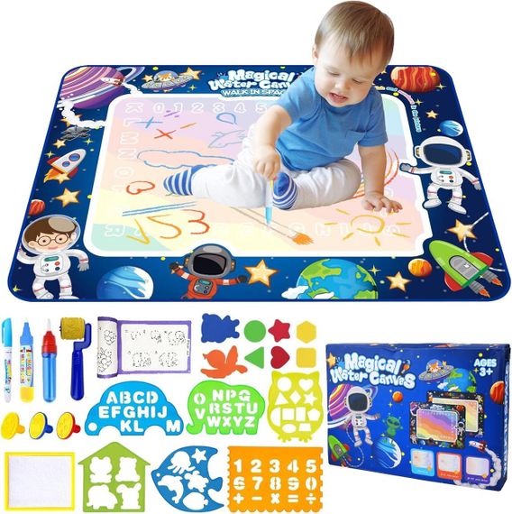 Коврик водяной для рисования с ручкой трафаретами, акваковрик с космонавтами с исчезающими рисунками, 2-7 лет