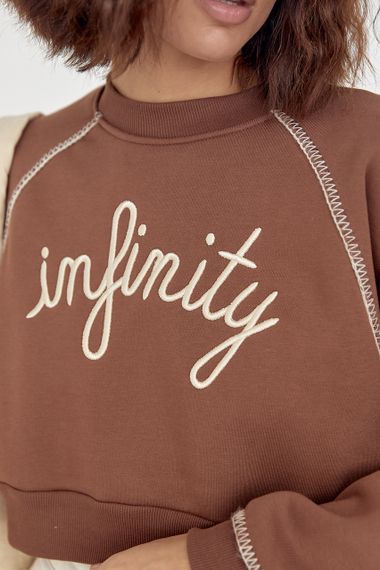 Короткий утепленный свитшот с вышитой надписью Infinity коричневый цвет S | Зображення 3
