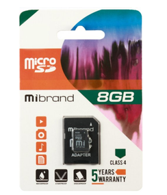 Карта памяти microSDHC 8Гб Сlass 4 Mibrand + Adapter SD
