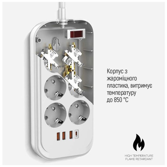 Мережевий фільтр живлення ColorWay CW-CHE64PDW, 6 розеток/4USB 2M (CW-CHE64PDW) | Зображення 8