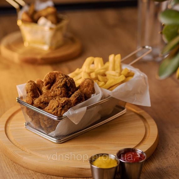 Корзина сервировочная 21×11.5×5.5 см для подачи картофеля фри и снеков с ручкой Серебристая HP-19-11 | Зображення 3