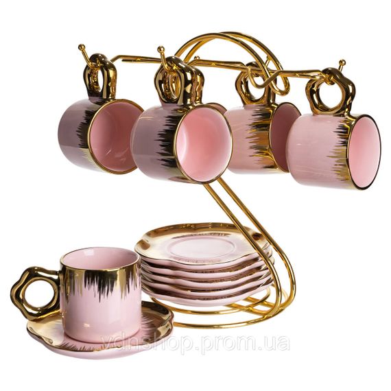 Набір чашок для кави на металевій підставці 6 (шт) по 100 (мл) подарунковий кавовий сервіз набір чашок Розовий із золотом FM-48 | Зображення 4