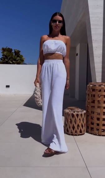 Женский летний костюм тройка брюки палаццо + рубашка + топ-бандо LY25030 цвет белый, размер 42/44 | Зображення 2