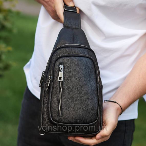 Сумка слінг чоловіча через плече 19х31х7, нагрудна сумочка рюкзак з натуральної шкіри TIDING BAG 32545 чорна | Зображення 1