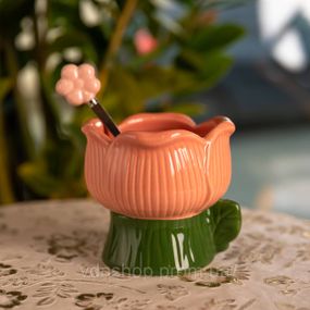 Креманка фарфоровая с ложкой в форме цветка 300 (мл) креманка для десертов, мороженого и желе Зеленый с розовым FM-42GR