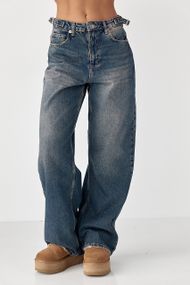 Широкі прямі джинси з затяжками на поясі - синій цвет, 38р (є розміри)