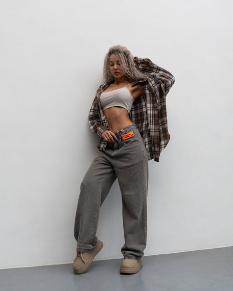 Женская фланелевая рубашка в клетку на пуговицах свободная, MN0003  цвет бежевый, размер 2XL/3XL | Зображення 3