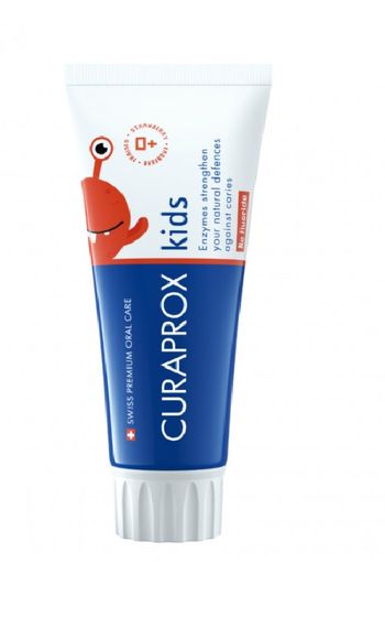 Дитяча зубна паста Curaprox TPkids0S (60 ml) з полуничним смаком. Не містить фторид. Для малюків від першого зуба.
