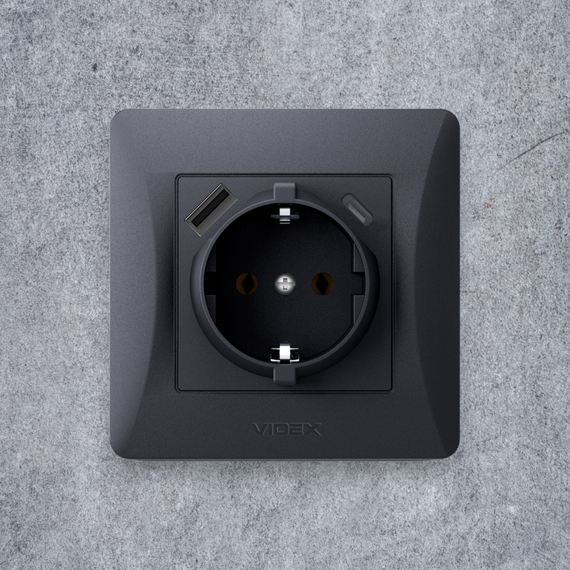 Одинарна розетка із заземленням з USB+USB-C чорний графіт VIDEX BINERA VF-BNSK1GUC-BG | Зображення 1
