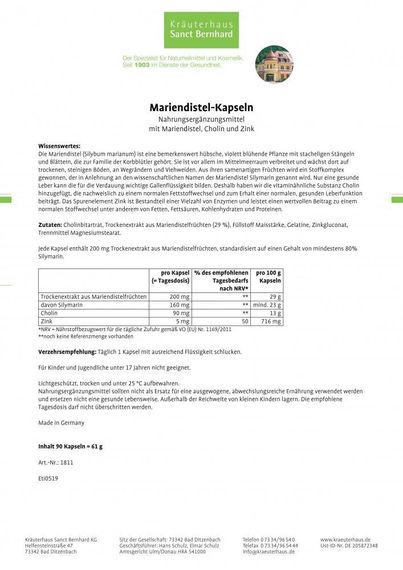 Экстракт Расторопши + Холин + Силимарин "Sanct Bernhard" для нормальной функции печени, 90 шт., Германия | Зображення 2