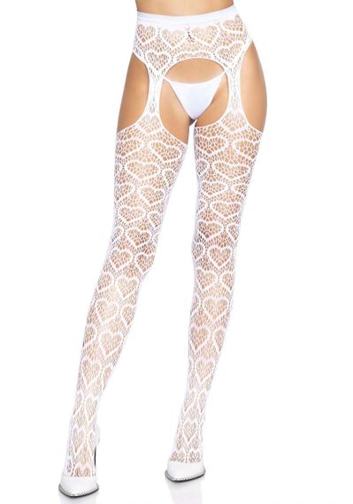 Ажурні колготки із сердечками Leg Avenue Heart White, one size, імітація панчіх sexstyle
