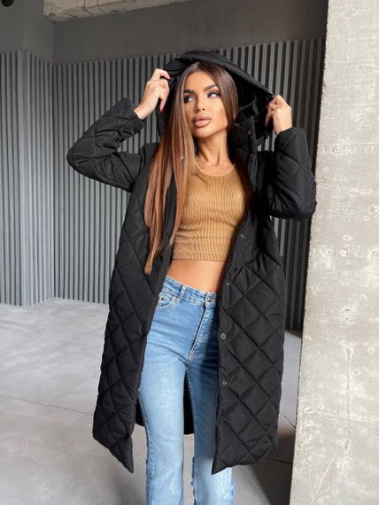 Женская длинная теплая куртка-пальто стеганая силикон 200, NA1044 цвет черный, размер 42/44 | Зображення 6