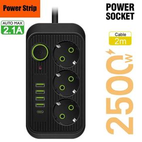 Мережевий подовжувач на 3 розетки + USB Type-C до 2500 в Атт