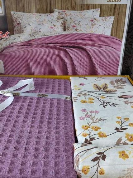 Постельное белье летнее Bio Cotton lila Ранфорс (покрывало вафельное) Евро размер