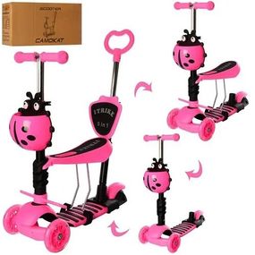 Самокат трехколесный с сидением и родительской ручкой Божья Коровка 5 в 1 Pink IE-21