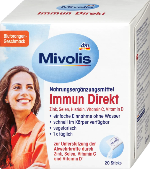 Вітаміни Mivolis Immun Direkt — імунна підтримка у стіках без води, вітамін C, вітамін D, цинк, селен, гістидин, 20 шт, Німеччина