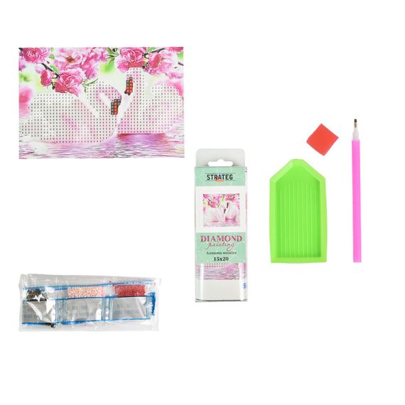 Алмазна мозаїка без підрамника "Пара лебедів серед рожевих квітів" YAB26246, 10х15 см | Зображення 1